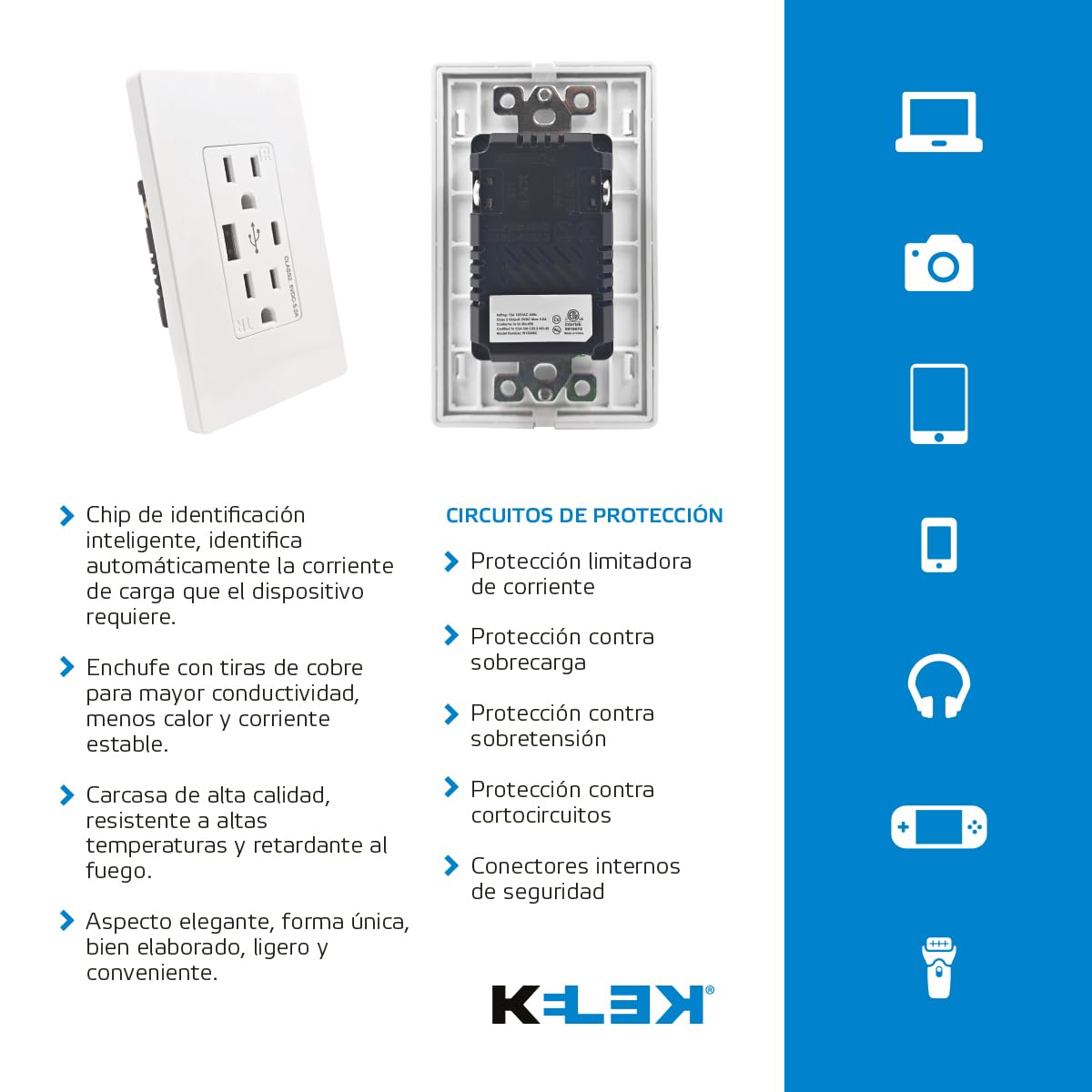 KELEK Contacto Duplex con Salida USB-A y USB-C (Blanco)