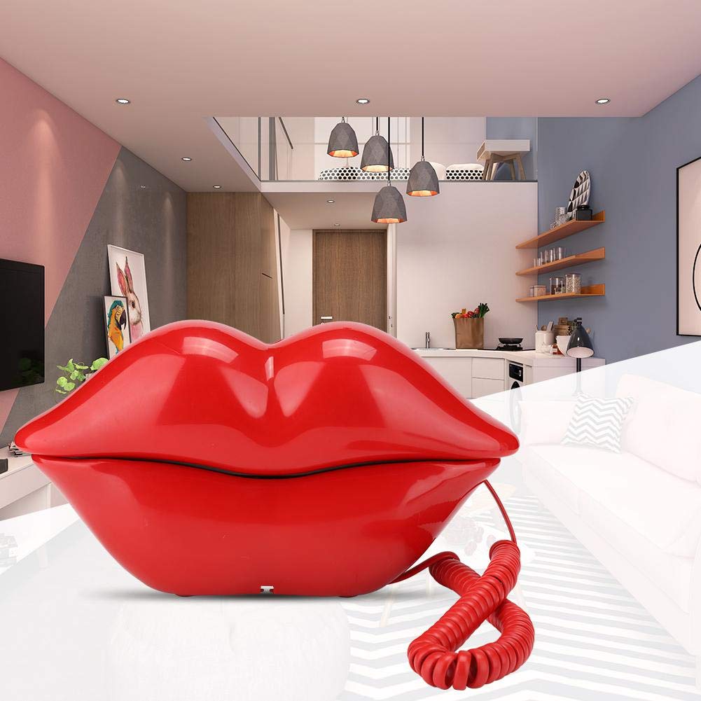 Novedad Labios Teléfono Teléfonos fijos para el hogar, teléfono de boca roja con cable atractivo del teléfono del labio Forma de dibujos animados Real con cable para el hogar