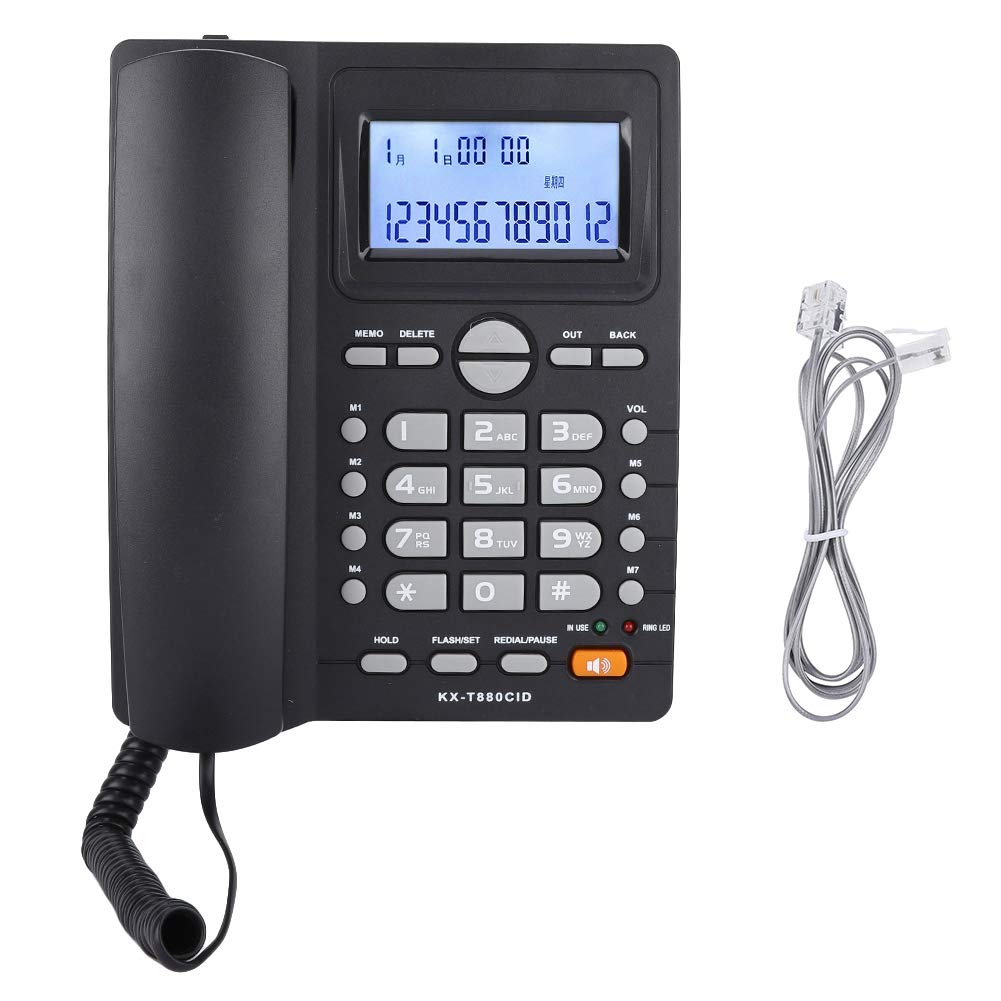 Teléfono Fijo, teléfono de Escritorio con identificador de Llamadas, teléfono con de extensión de Doble Puerto, Cable con Cable y Altavoz (Negro)