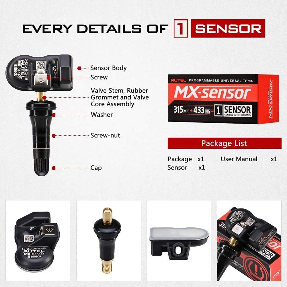 Autel MaxiTPMS MX - Sensor 4 unidades de tallo de metal 315/433MHz TPMS Sensor universal de neumáticos programado por TPMS Tool TS401 TS408 TS501 TS508 TS601 TS608 MK808TS MX808TS MS906TS ITS600