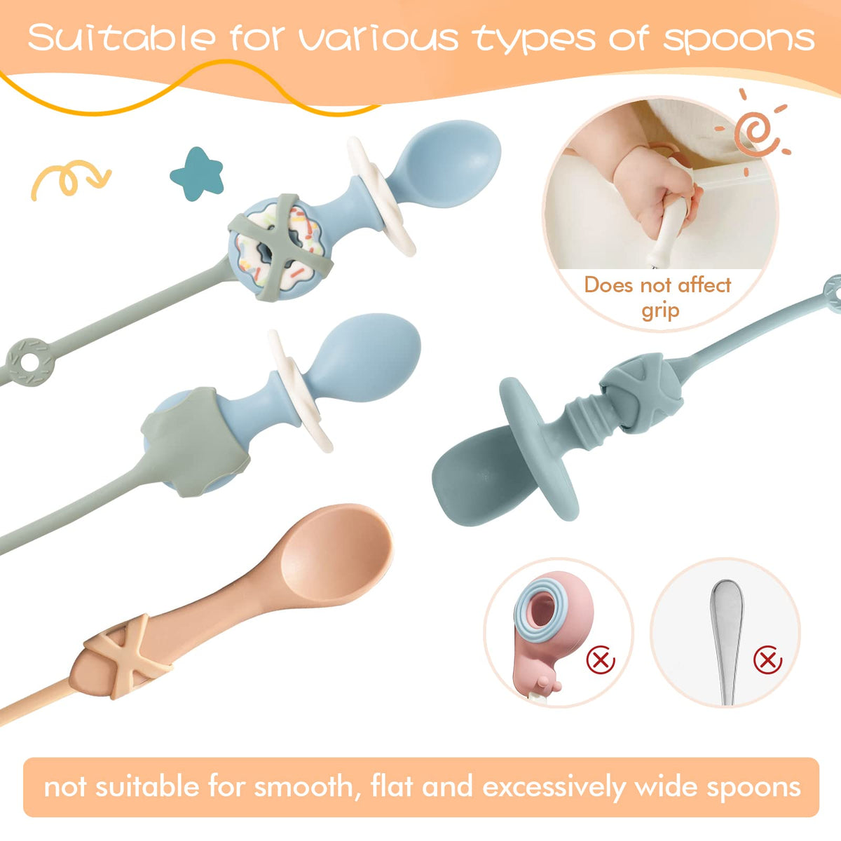 Cucharas para autoalimentación de bebé, SMAutoLife, para niños de 6 meses, juego de utensilios para niños pequeños con correa de silicona de grado alimenticio para mantener el tenedor y la cuchara