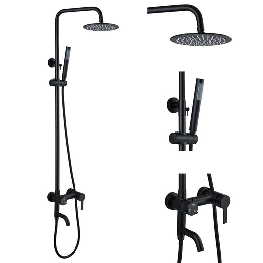 Juego de sistema de ducha con pulverizador de mano y boquilla de tina de acero inoxidable negro mate, mango cilíndrico de 20,32 cm, cabezal de ducha de lluvia, grifo de ducha, montaje en pared, triple función