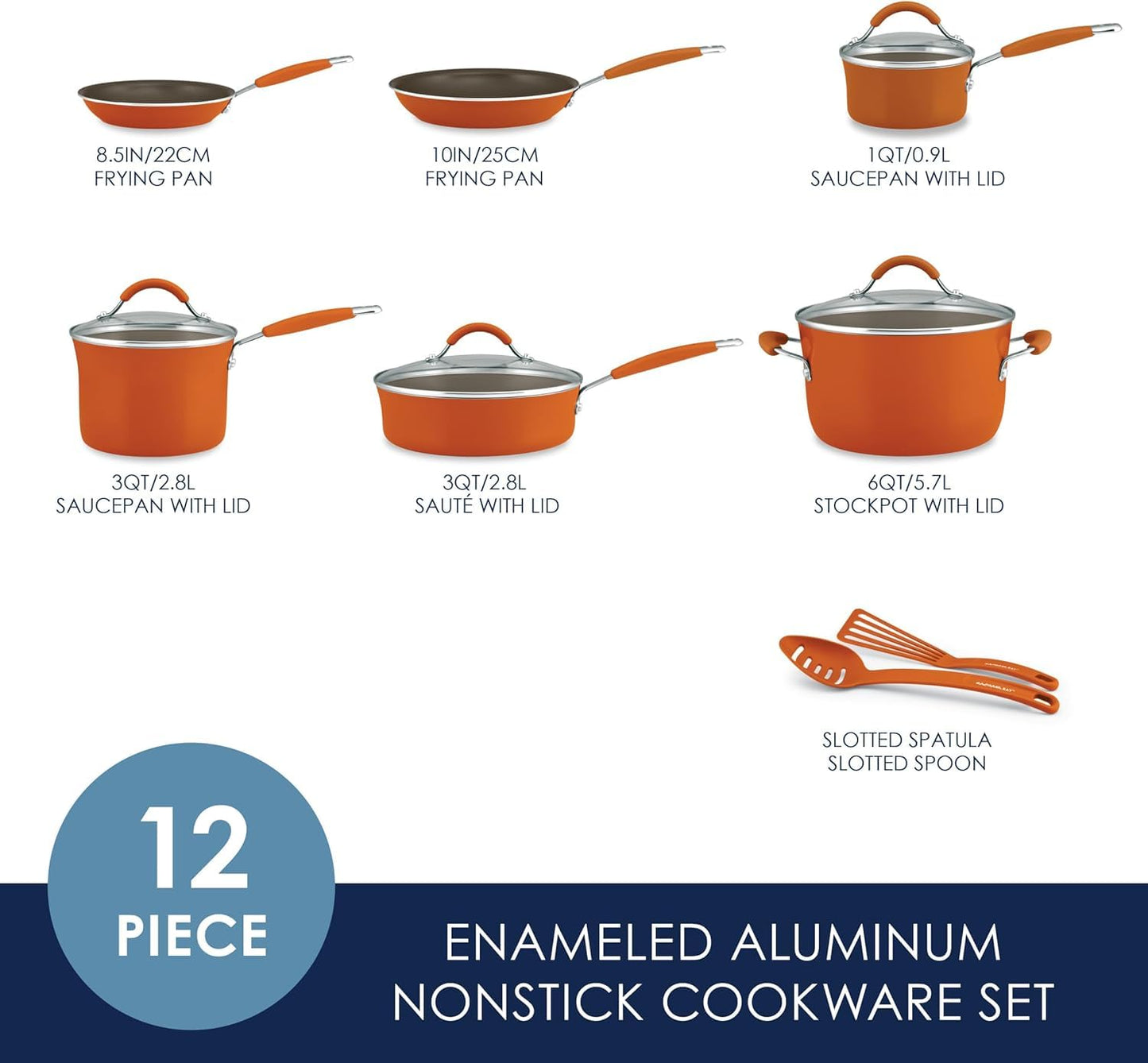 Batería de Cocina Rachael Ray Cucina Anaranjado Calabaza Antiadhesiva de Porcelana Dura 12 Piezas
