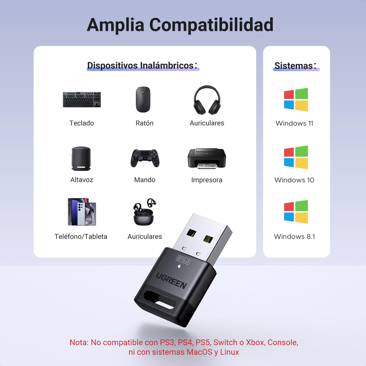 Adaptador Bluetooth USB UGREEN Compatible Windows 11 10 8.1 7