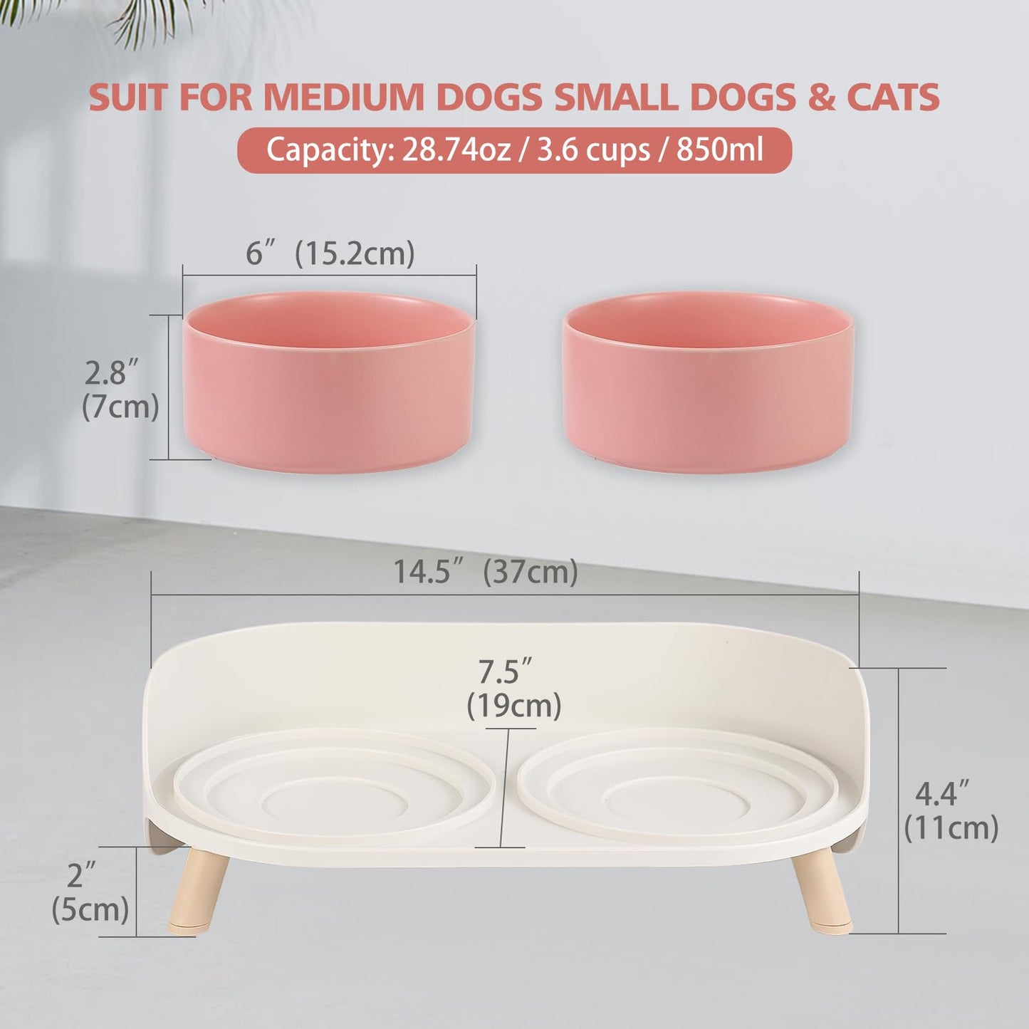 Cuencos Elevados para Perros Pequeños y Medianos - Set Doble Cerámico 850ml x 2 - Soporte Antideslizante con Protector Antisalpicaduras - Moderno, Rosa