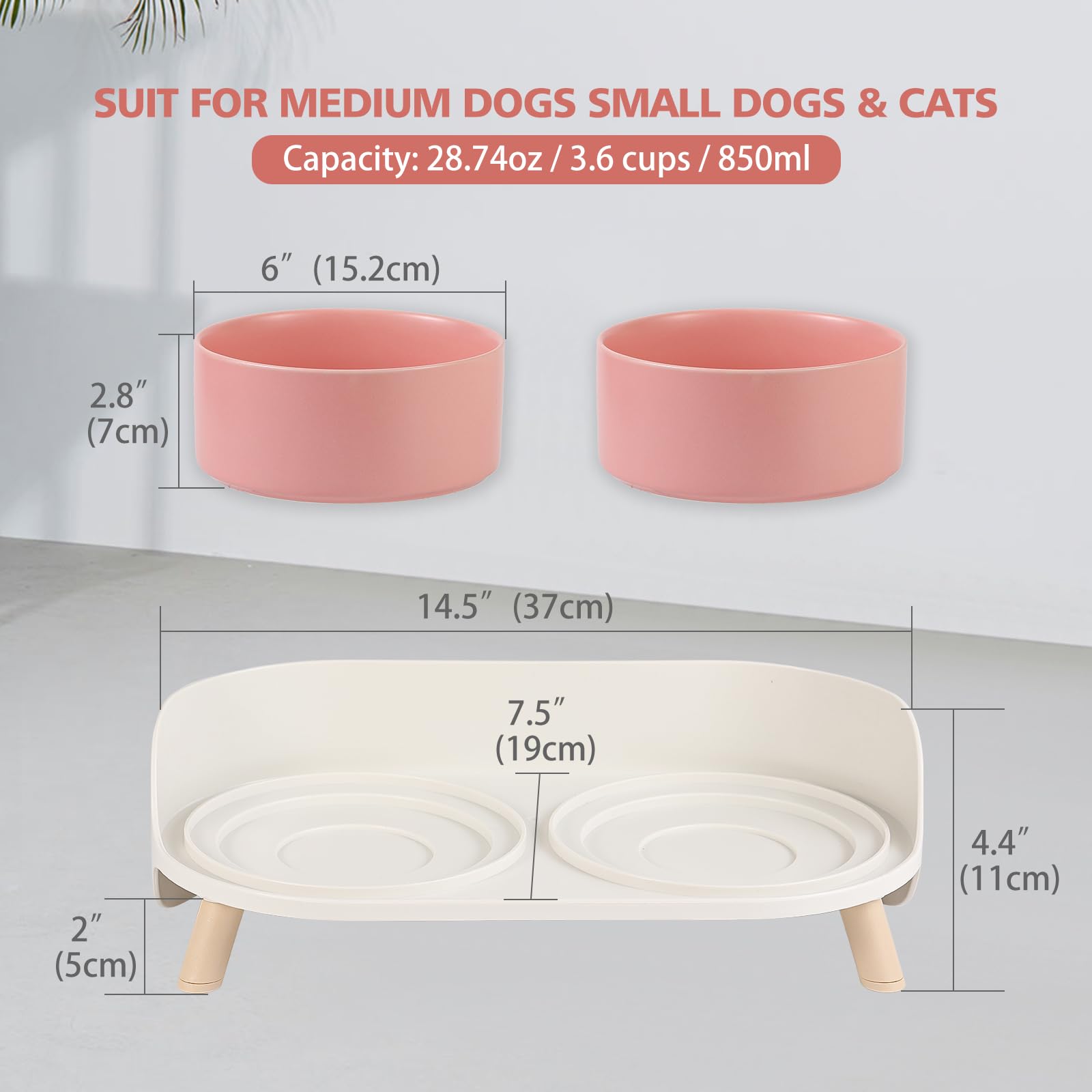 Cuencos Elevados para Perros Pequeños y Medianos - Set Doble Cerámico 850ml x 2 - Soporte Antideslizante con Protector Antisalpicaduras - Moderno, Rosa