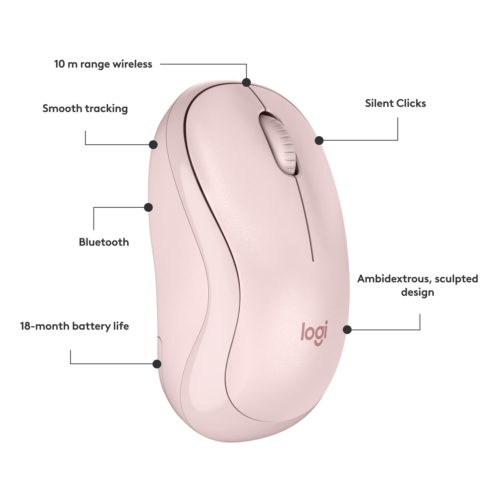 Logitech Mouse Bluetooth silencioso M240, inalámbrico, Compacto, portátil, Seguimiento Suave, batería 18 Meses, Windows, macOS, ChromeOS, Compatible con PC, Mac, laptops, Tablets - Rosa