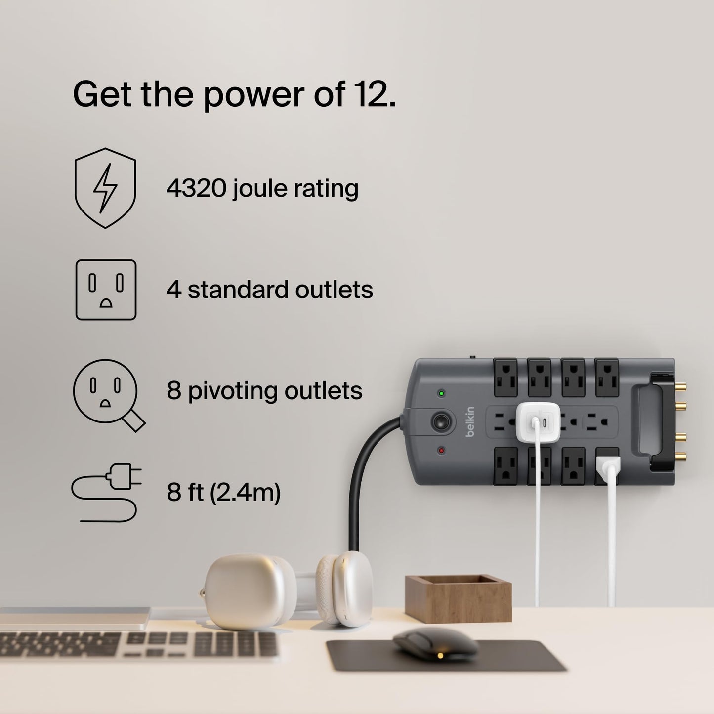 Belkin BP112230-08 Supresor de Picos Enchufe de Pivote, 12 Salidas, 4320J, 2.4 metros, Gris