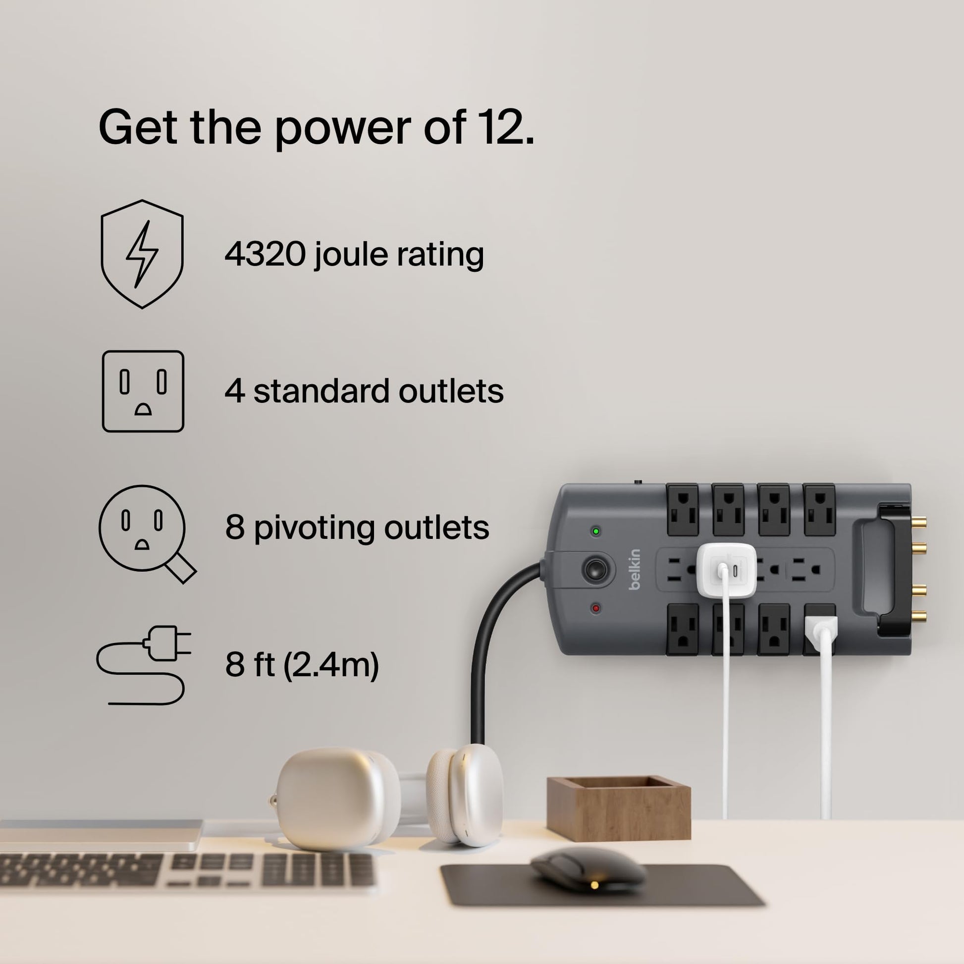 Belkin BP112230-08 Supresor de Picos Enchufe de Pivote, 12 Salidas, 4320J, 2.4 metros, Gris