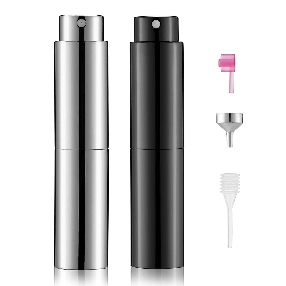 Lisapack Botella atomizadora de perfume de 8 ml para viajes (paquete de 2), dispensador de colonia vacío, pulverizador portátil (negro brillante y plateado)