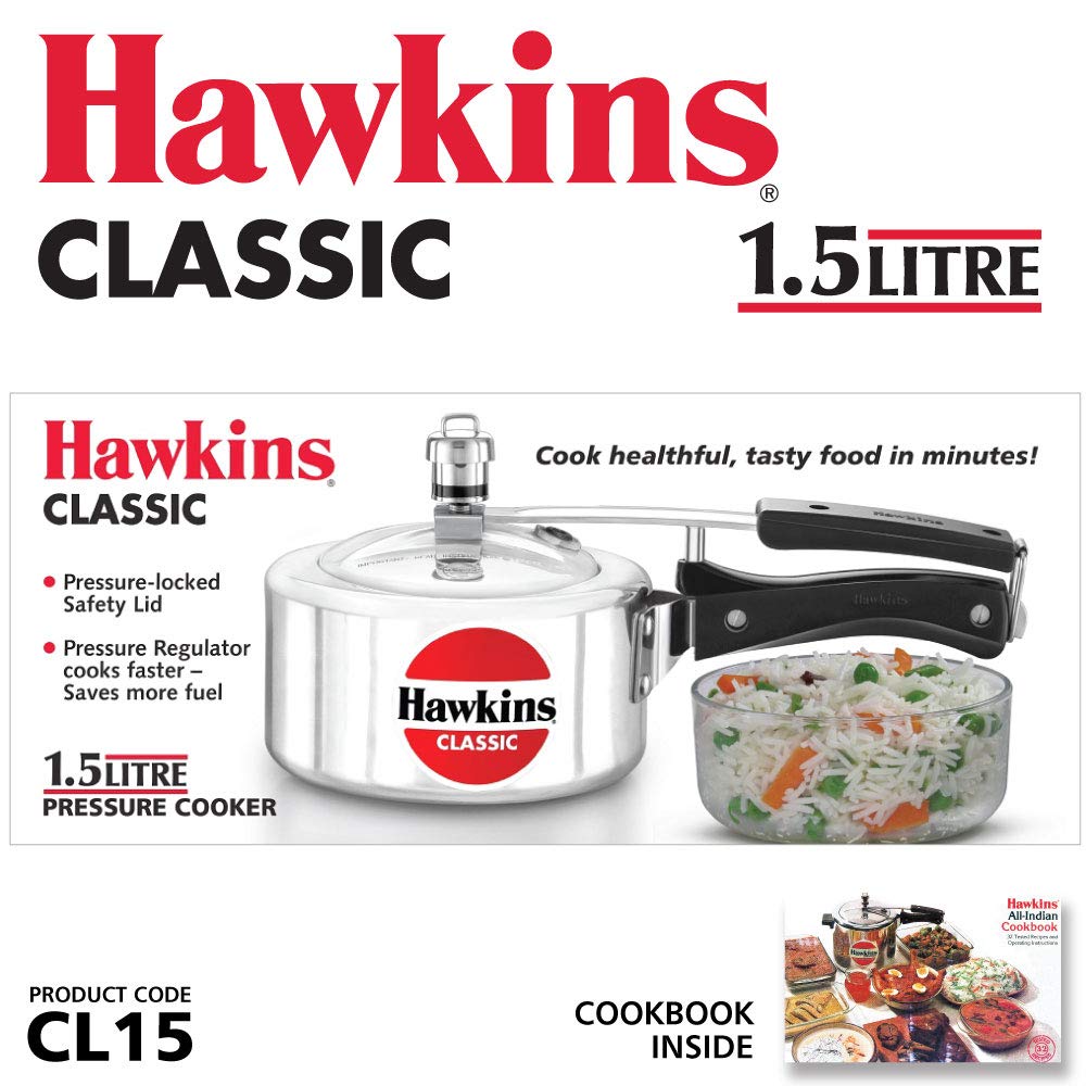 HAWKIN Classic CL15 1.5-Liter New Improved Aluminum Pressure Cooker, Small, Silver