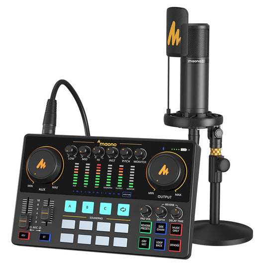 MAONO Mezcladora Interfaz de Audio con Micrófono Condensador XLR, Caster Podcast Studio Kit Todo en Uno para Grabación, Streaming, voz en off, Youtube, DJ, PC, Guitarra (AME2A)