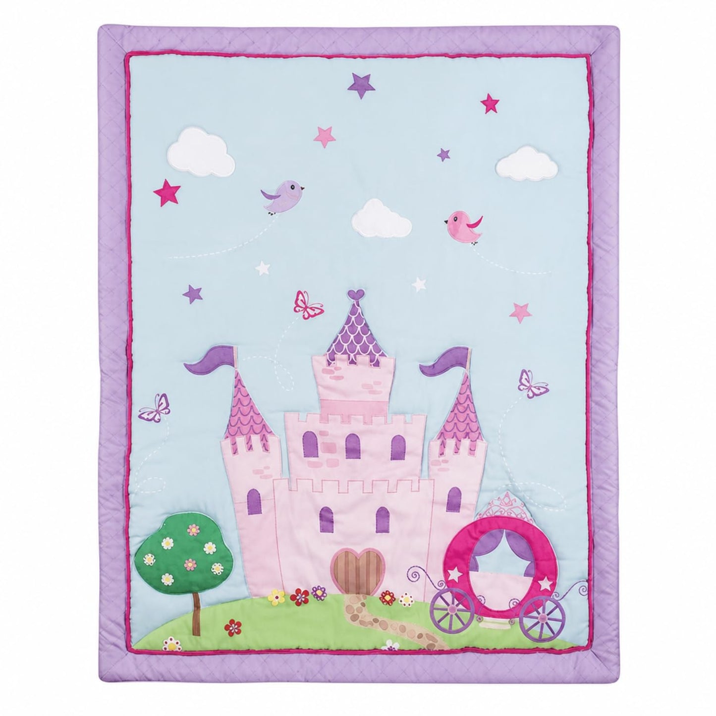 EVERYDAY KIDS - Juego de ropa de cama para cuna de 4 piezas, Princess Storyland, incluye colcha, sábana bajera, volantes y apilador de pañales, juego de ropa de cama para cuna de bebé
