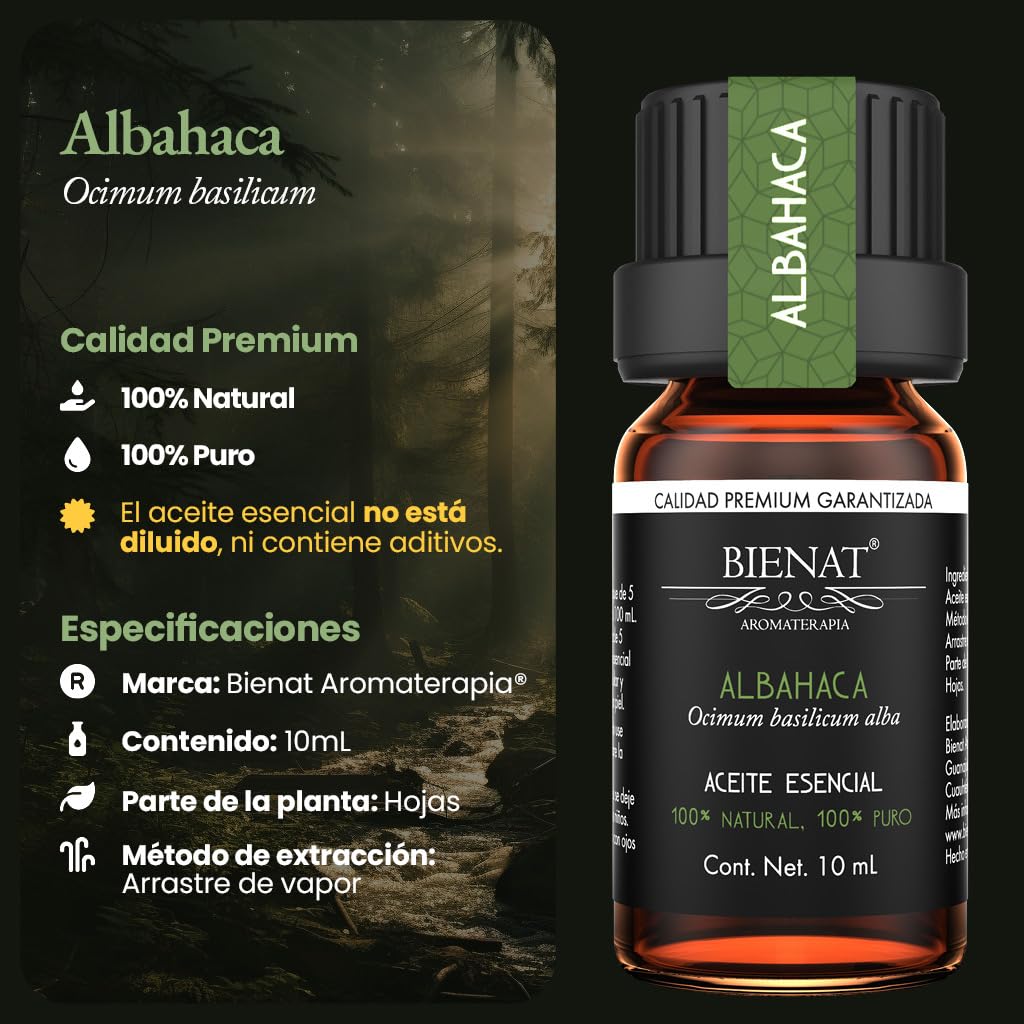 BIENAT AROMATERAPIA Aceite Esencial de Albahaca 10mL | 100% Puro y Concentrado | Ideal para Difusor de Aromas, Humidificador, Aromaterapia, Masajes, Meditación, Jabones y Velas | Esencia Natural en Gotas