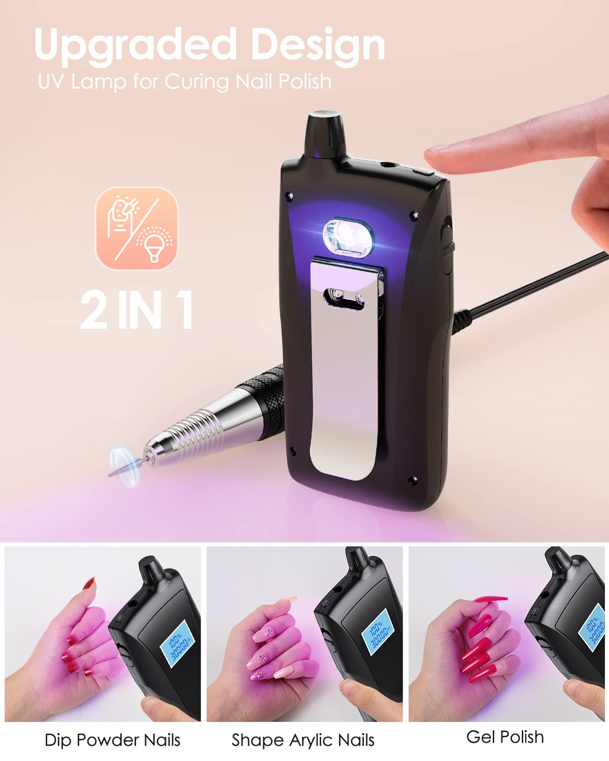 Máquina de Taladro de Uñas Beloving Recargable con Visualización de Velocidad y Brocas Rosa para Manicura y Pedicura Profesional