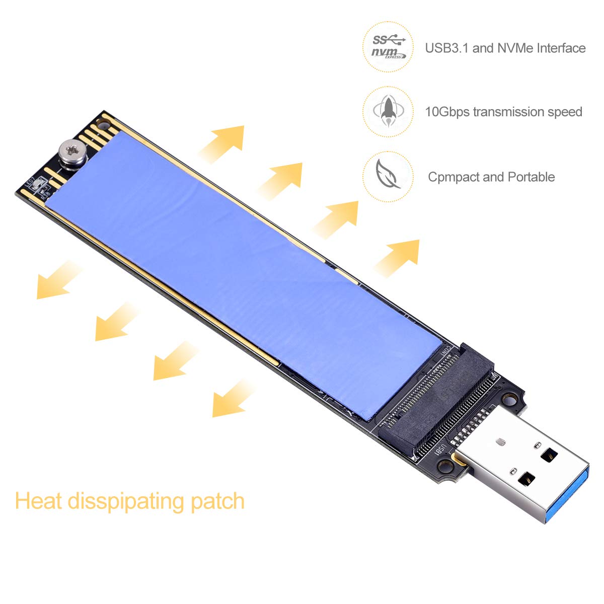 M.2 NVME Adaptador USB 3.1, M-Key M.2 NVME a lector de tarjetas USB 3.1 Gen 2 Chip de puente con 10 Gbps de alto rendimiento, compatible con Samsung 950/960/970 Evo/Pro u otros SSD M.2 con tipo PCI-E