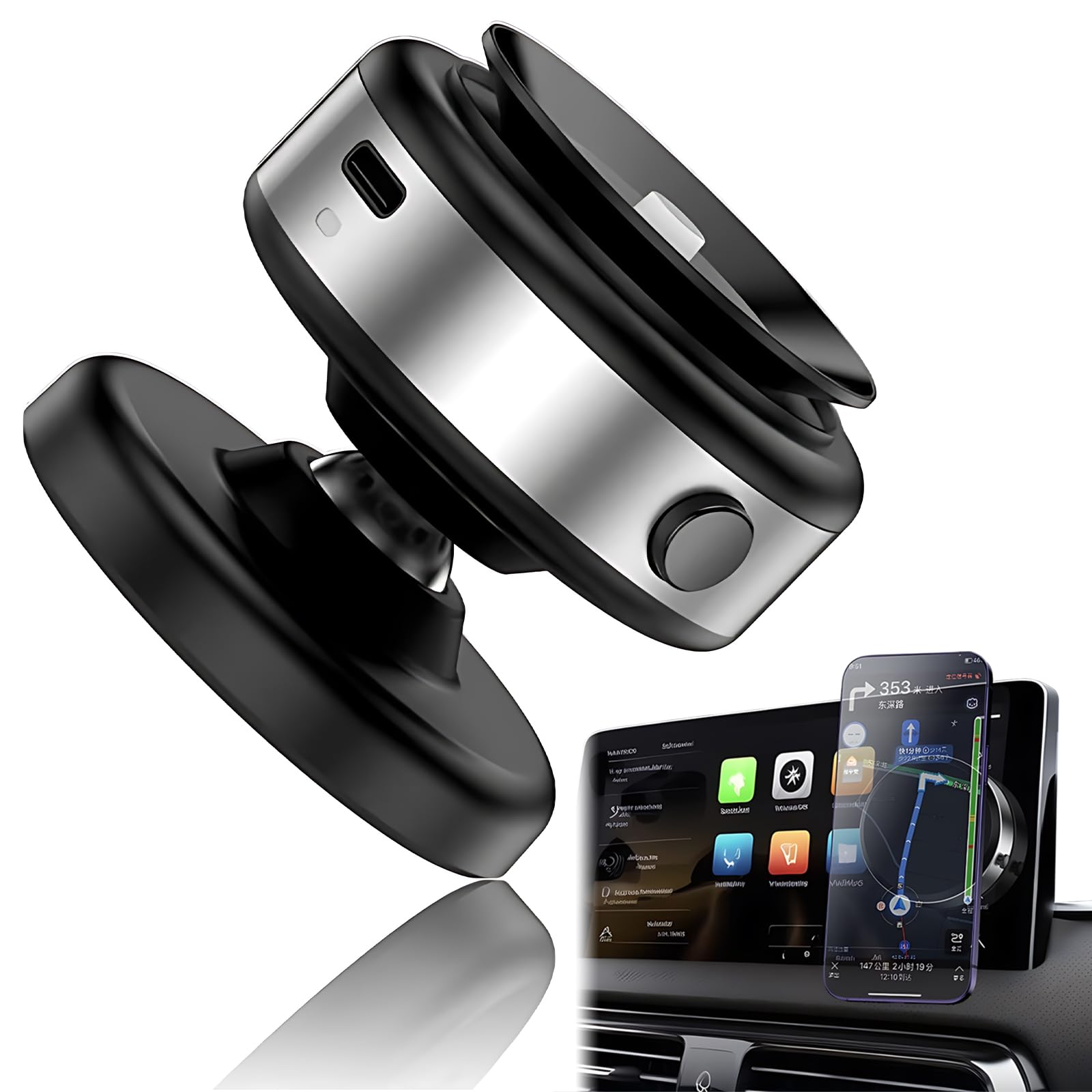Soporte Celular Automóvil Magnético，sujetador de celular para auto giratorio de 360°，Con anillo magnético y ventosa，Compatible con todos los teléfonos móviles，Adecuado para parabrisas/salpicaderos
