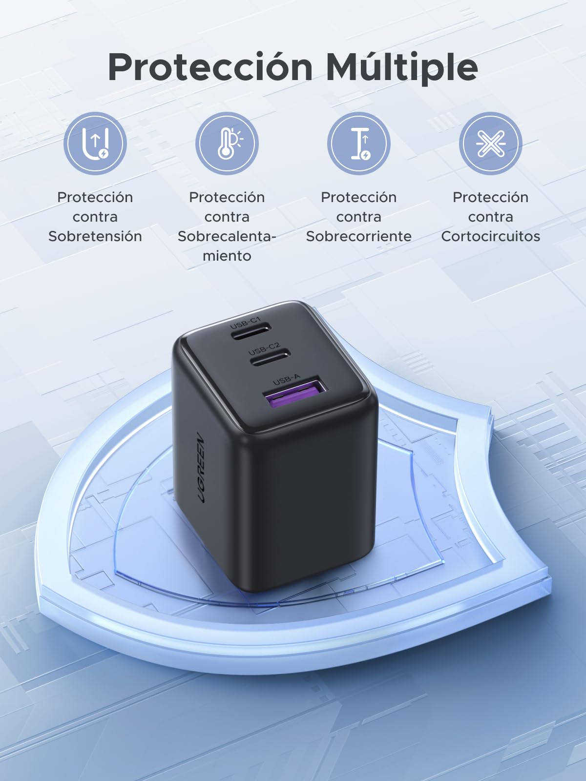 Cargador GAN 30W UGREEN Negro USB C 3 Puertos Rápido para Celular
