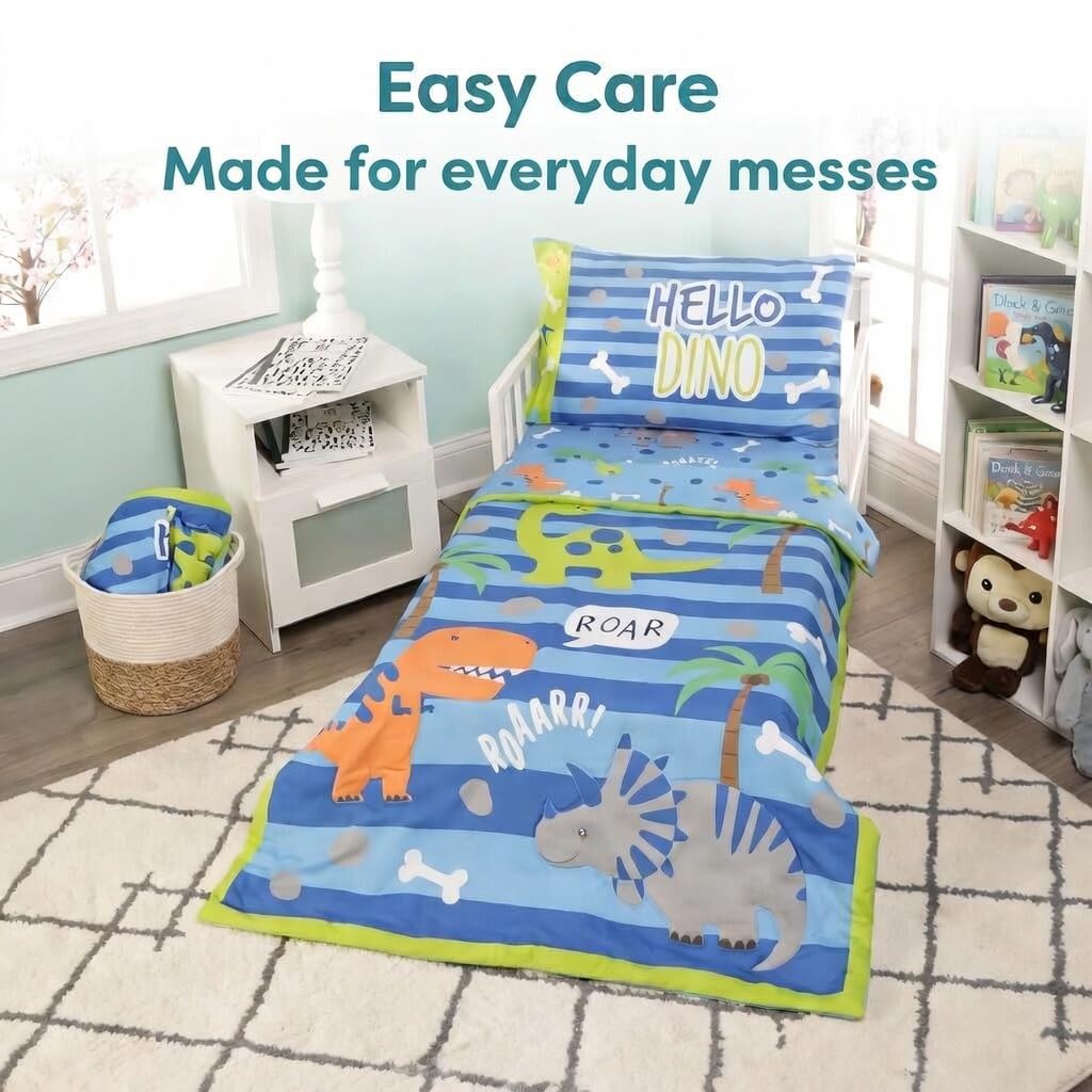 EVERYDAY KIDS - Juego de ropa de cama de 4 piezas para niños pequeños – Dinosaurios rugientes – Incluye edredón, sábana encimera, sábana bajera ajustable y funda de almohada reversible – Ropa de cama