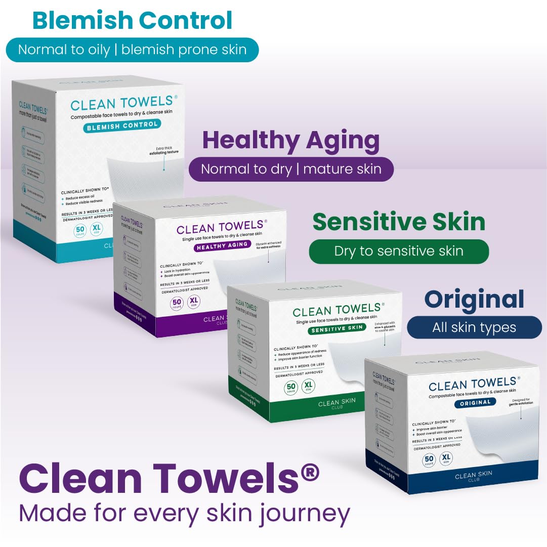 CLEAN SKIN CLUB Toallas Faciales Desechables Healthy Aging Clean Towels Xl, Suavizan Líneas De Expresión, Arrugas Y Textura En 6 Semanas, Tratadas Para Mayor Suavidad, Desmaquillantes Antiedad, Paquet