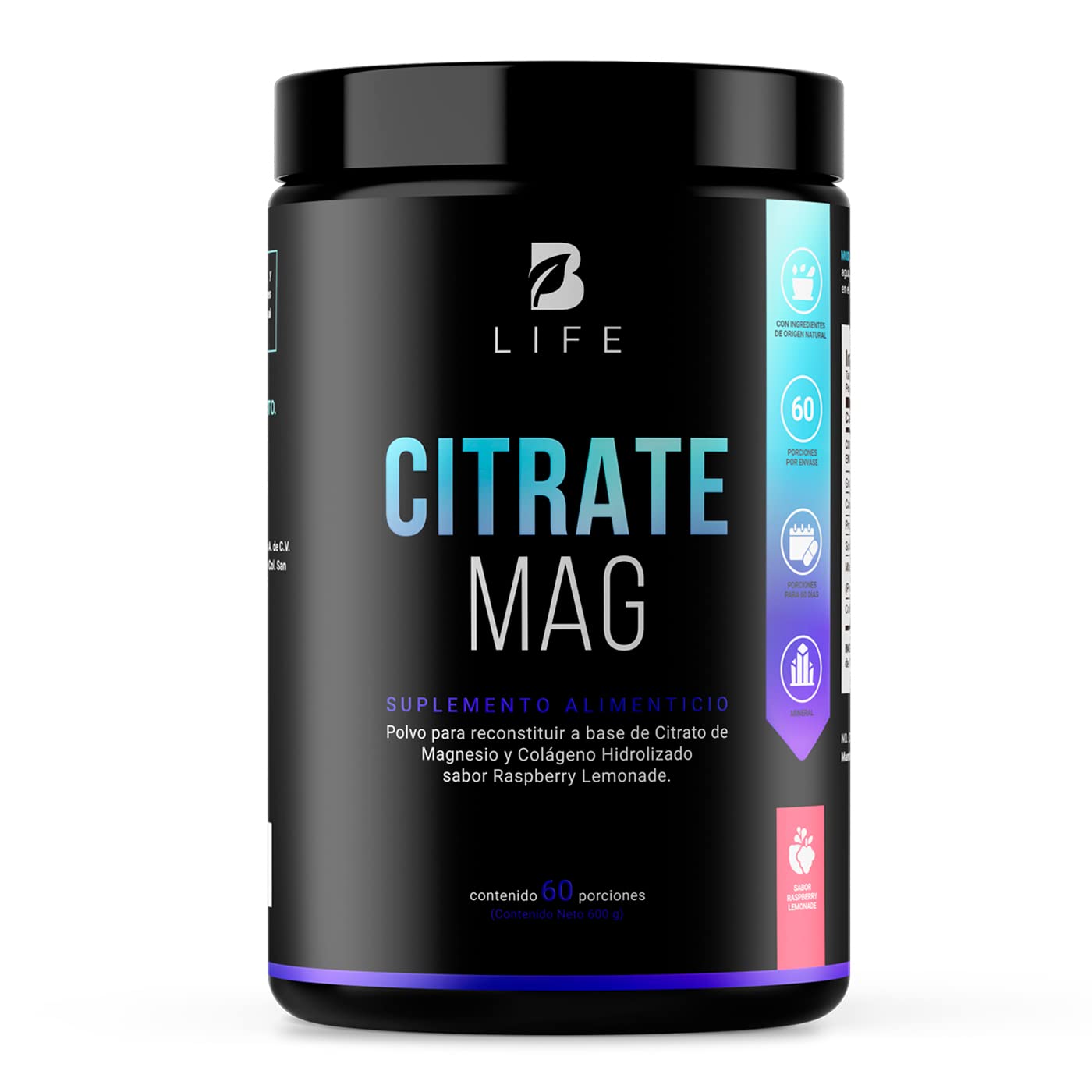 Citrato de Magnesio 600g | 60 porciones | Sabor Raspberry Lemonade | Ingredientes Naturales | Citrate Mag B life.