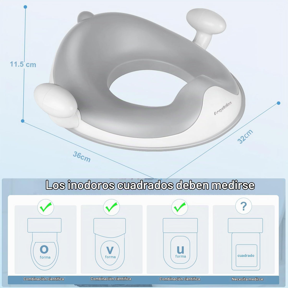 Angelbliss Asiento de inodoro infantil, para entrenamiento de Baby Potty, asiento de inodoro para niños y niñas, doble acolchado antideslizante, con asa y protección contra salpicaduras (Gris)