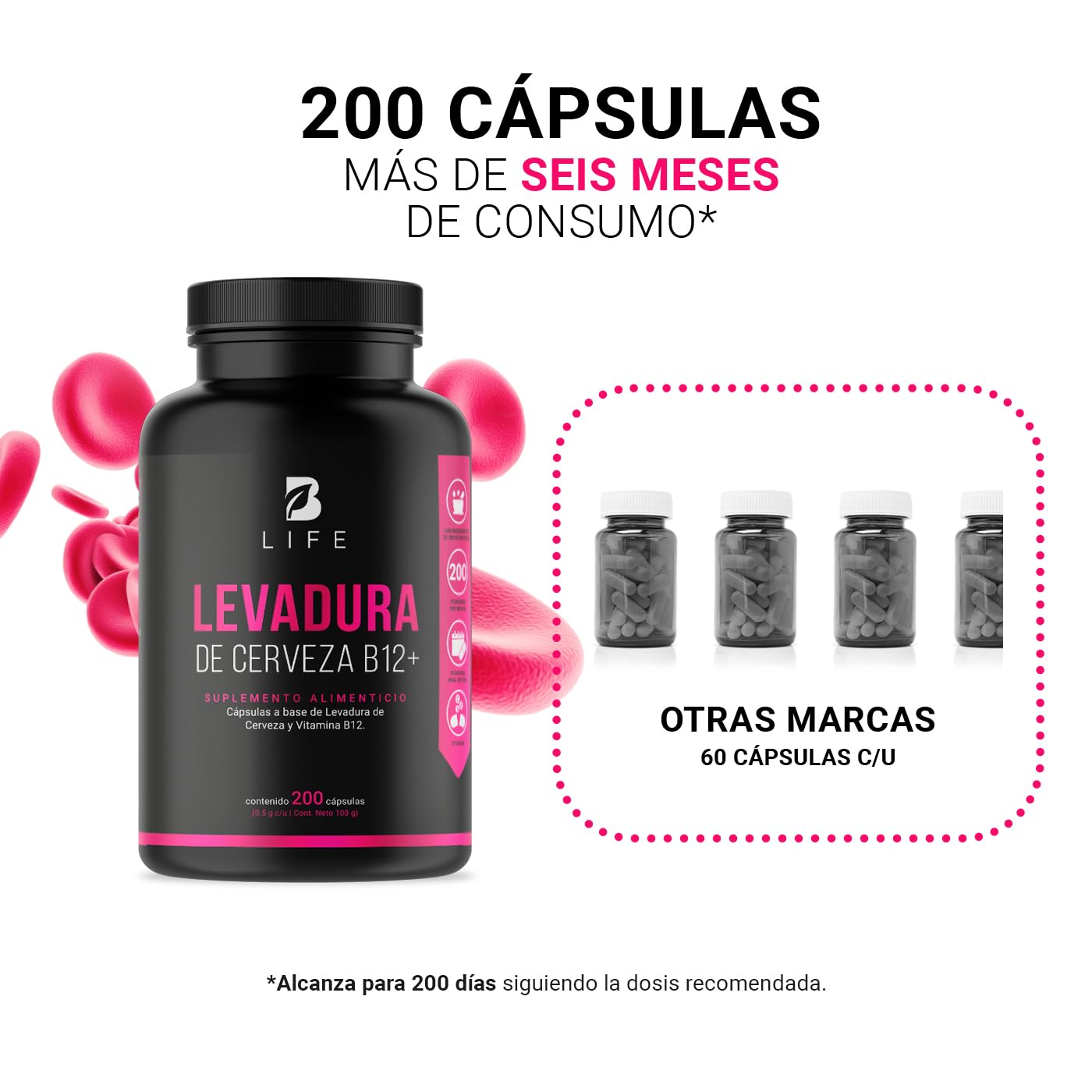 Vitamina B12 B Life Levadura de Cerveza 200 Cápsulas Ingredientes Naturales