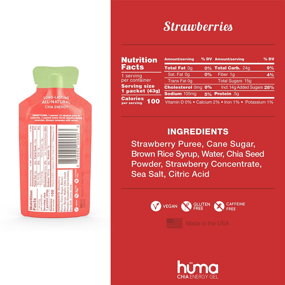 Hüma Chia Energy Gel 43 g 12 pzs - Energía natural - Ingredientes naturales - Chía nutritiva - Hecho en USA