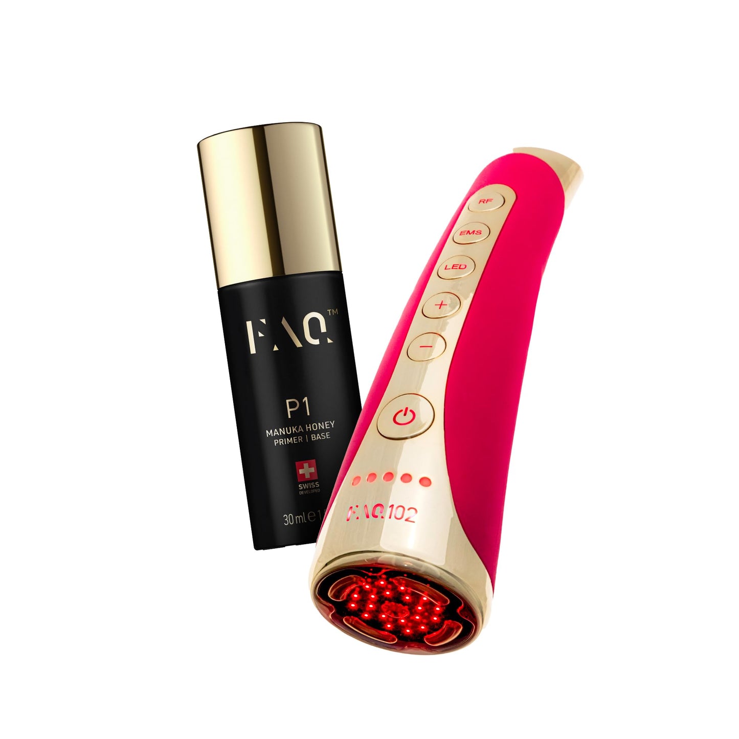 FAQ 102 Set Beauty Answer - Masajeador facial reafirmante con 8 luces LED - Radiofrecuencia facial + P1 Manuka Honey 30 ml - Preparación facial antes del cuidado - Ritual diario de belleza - Pink Ruby