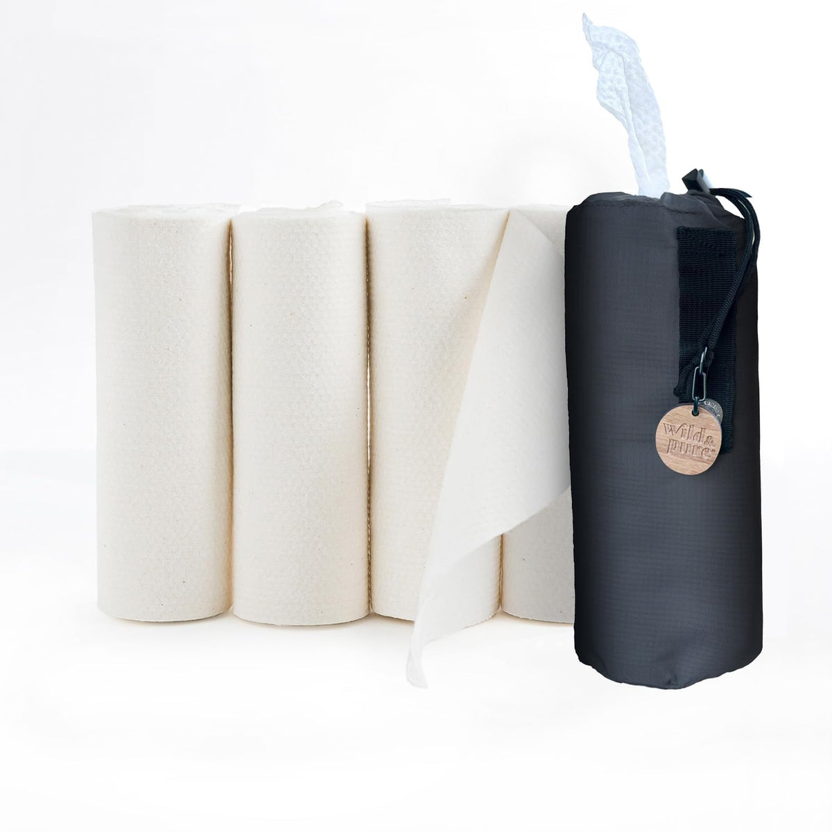 Wild & Pure Toallitas Secas 100% Algodón con Bolsa Dispensadora Y 4 Repuestos | | Sin Blanquear | Compostables | Reutilizables O Desechables | | Suaves Y Absorbentes (5 Rollos de 30 Hojas Cada Uno)