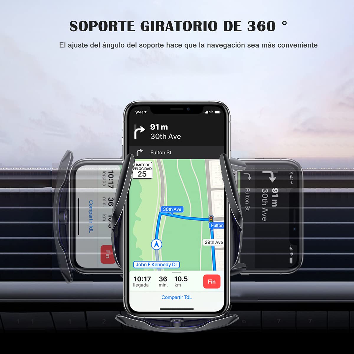DQST Cargador de Coche Inalámbrico, Soporte de Teléfono para Coche, Soporte Cargador 2 en 1, Sujeción Automática, Soporte de Ventilación para Todos Teléfonos Móviles con Función de Carga Inalámbrica