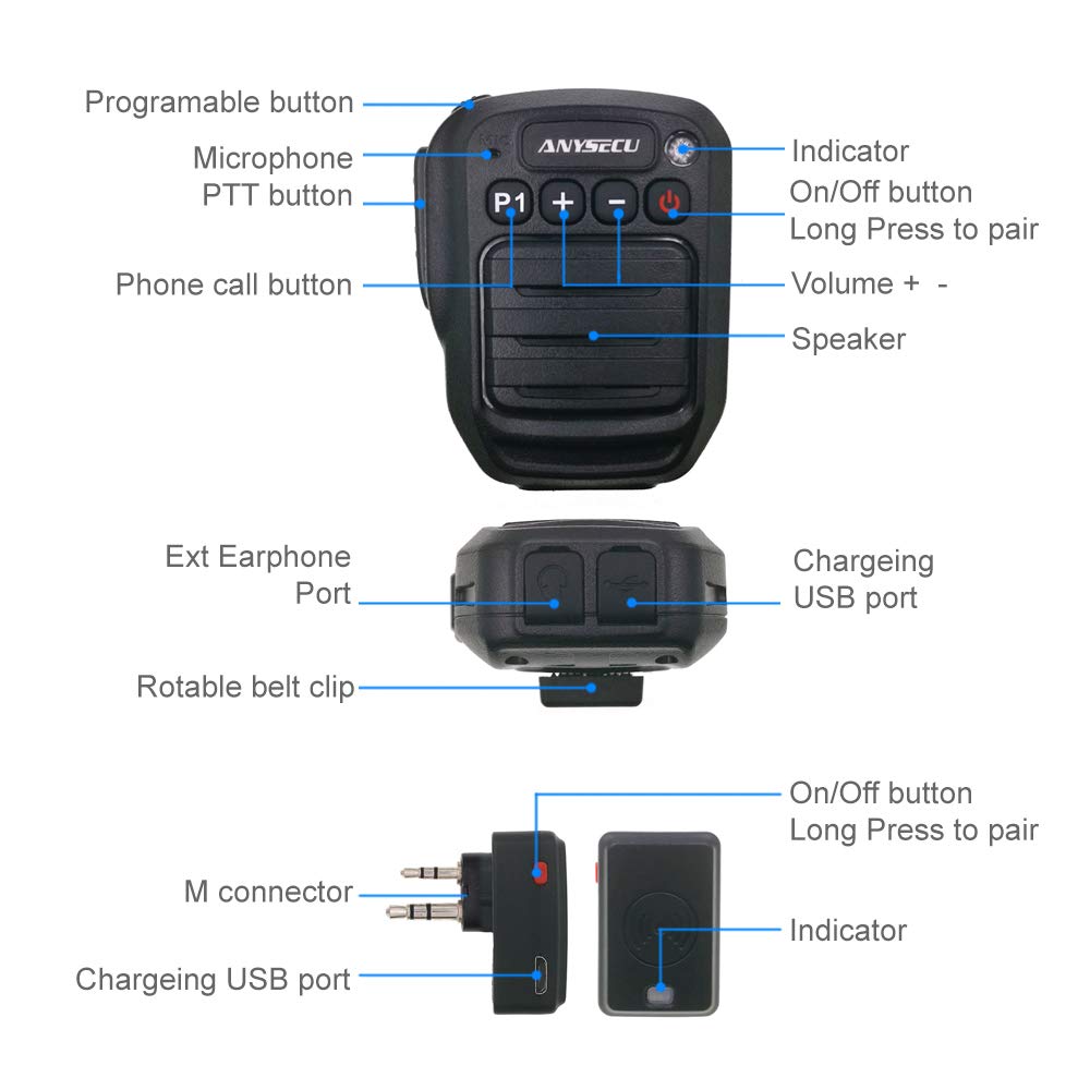ANYSECU HB980 M - Micrófono inalámbrico Bluetooth PTT para HYT TC500 TC600 TC700 GP300 GP308 Radio bidireccional