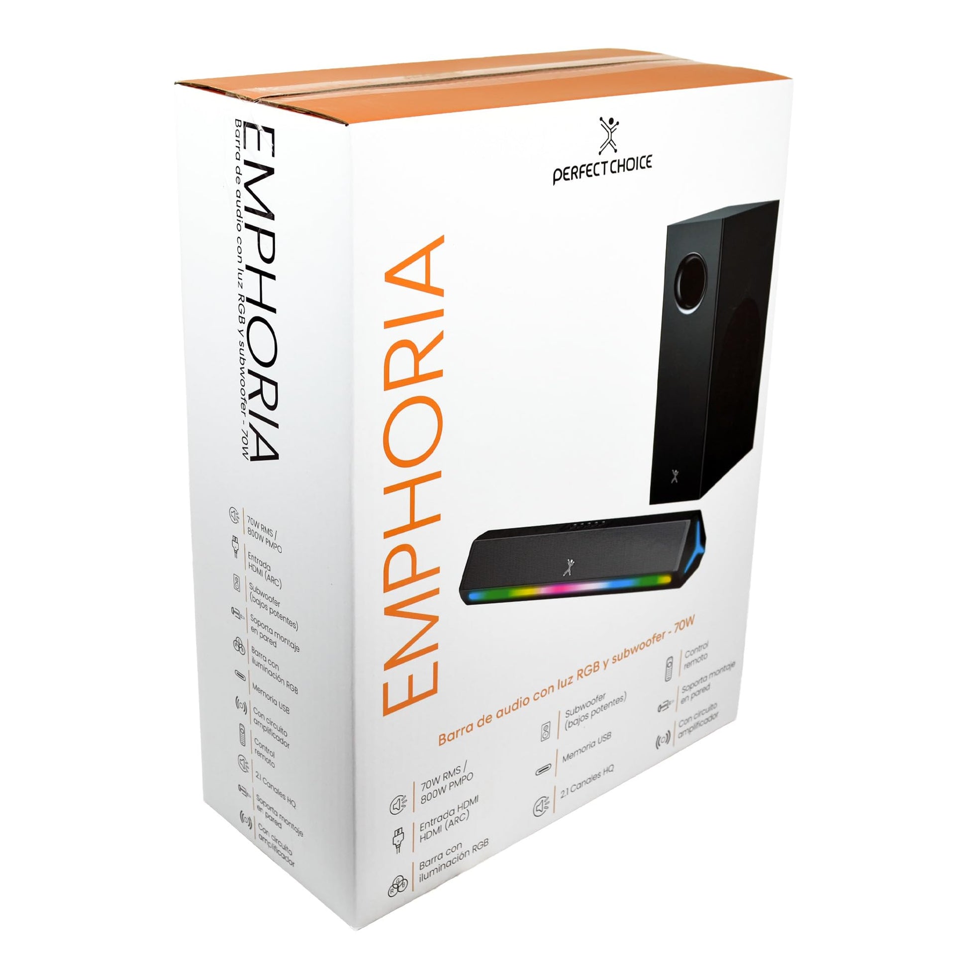 PERFECTCHOICE Barra de Audio con luz RGB y Subwoofer 70W Circuito Amplificador PC-114024 Emphoria
