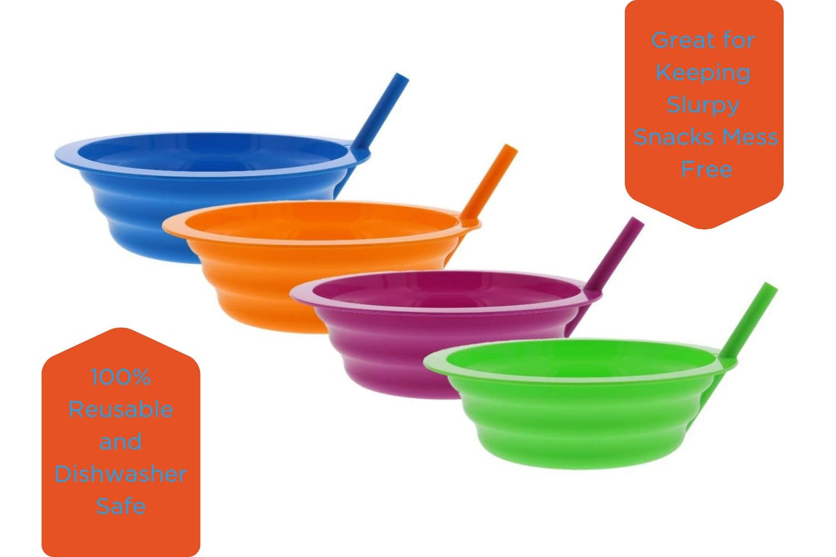 Arrow Sip-A-Bowl Set de 4 unidades, pajita integrada – 22 onzas reutilizables para evitar derrames líquidos: leche de cereales, helado – hace que el desayuno/aperitivo sea fácil, apto para lavaplatos, azul, rosa, verde y naranja