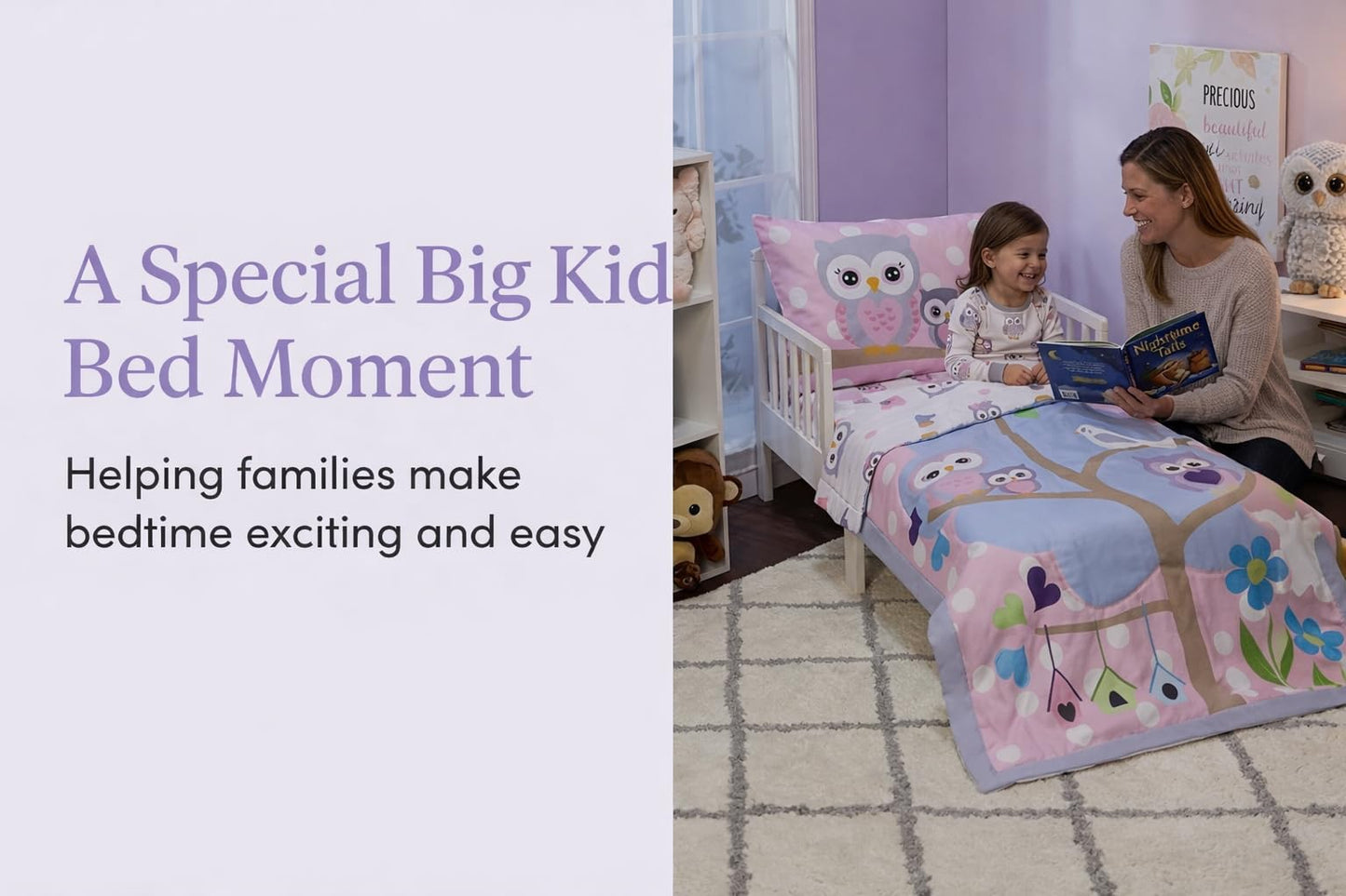 EVERYDAY KIDS Juego de ropa de cama de 4 piezas para niños pequeños - Búhos - Suave 100% Algodón Percal - Incluye edredón, sábana encimera, sábana bajera ajustable y funda de almohada reversible