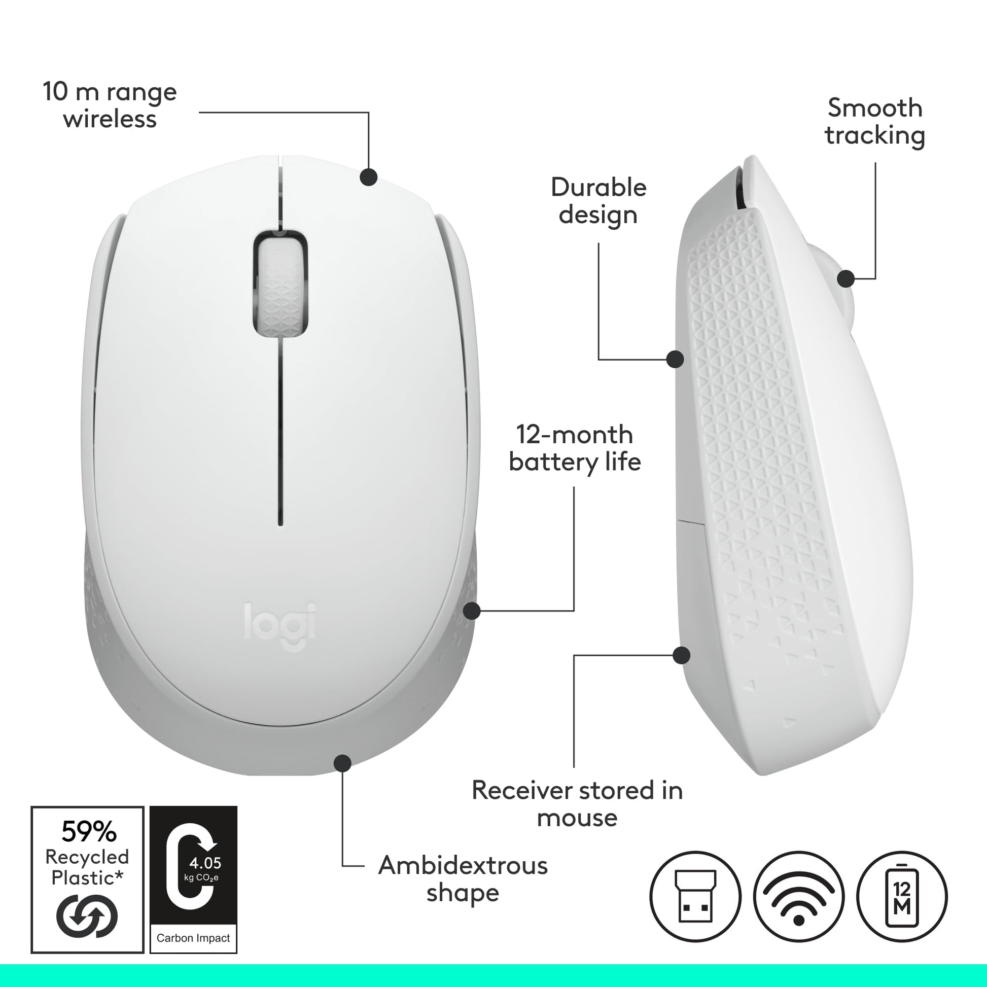 Logitech M170 Mouse Inalámbrico, con tecnología 2,4 GHz, batería de hasta 12 Meses con Modo Ahorro, Receptor USB, Cursor y Desplazamiento Preciso, Compatible con Windows, Mac y Chrome - Blanco