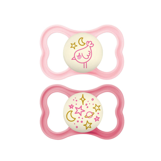 MAM Supreme Night Pacifiers (2 Pack, 1 Sterilizing Pacifier Case), Best Pacifier for Breastfed Babies 6+ Months, Glow in the Dark Pacifiers, Girl Pacifier