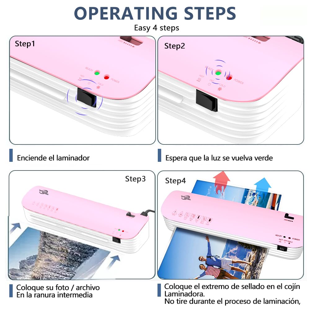 Laminadora Enmicadora Térmica+Cortador de Papel+300 Hojas Laminadoras,Enmicadora Tamaño Carta y Oficio para Casa y Oficina (Rosa)