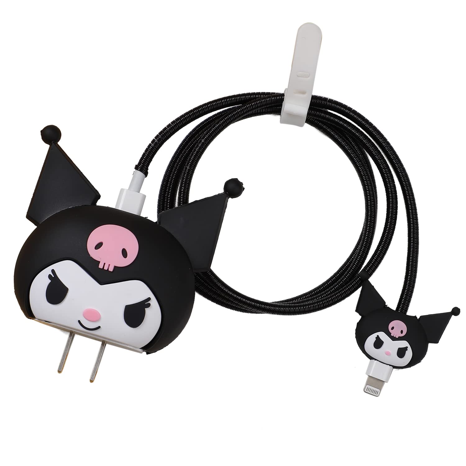 Tospania - Bonita funda protectora 3D para cargador con diseño de caricaturas, compatible con adaptador de corriente USB-C de 20 W de Apple y cable Lightning (Kuro negro)