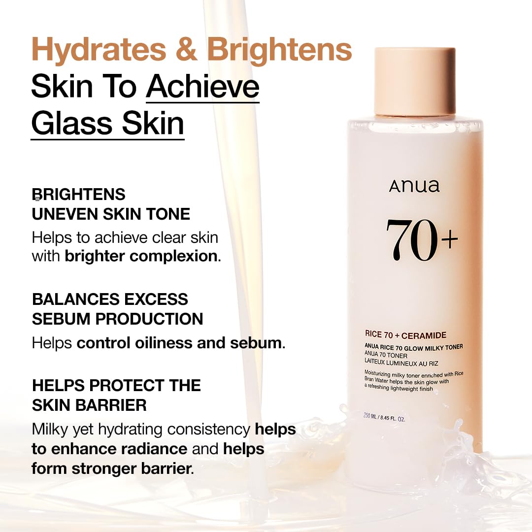 Rice 70 Glow Milky Toner, for Glass Skin and Brightening, Rice Water, Niacinamide, Ceramides, Panthenol, Fragrance-Free, Non comodogenic, Fungal Acne Safe, Korean Skin Care, 250ml | Skincare Coreano
