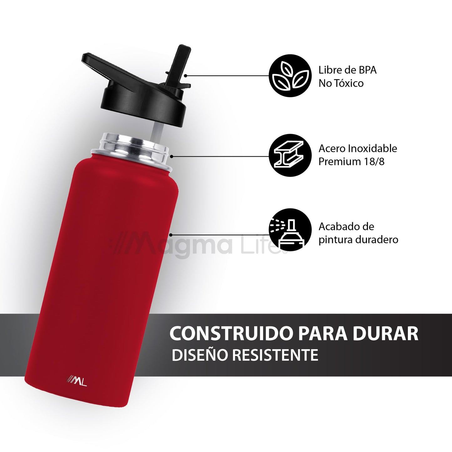 MAGMALIFE Termo de Acero Inoxidable 32 Oz (950 ml): Mantiene Caliente hasta 12 Horas y Frío hasta 24 Horas, Incluye 3 Tapas para Diferentes Bebidas, Rojo