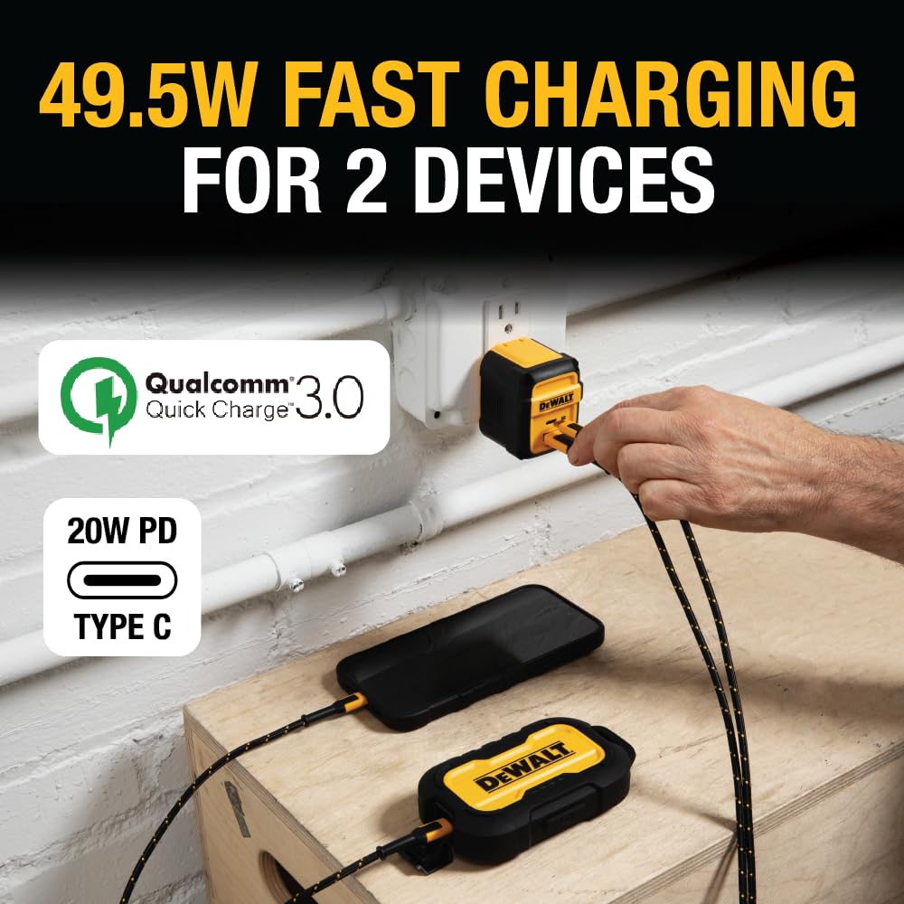 DEWALT 49.5W USB & USB C Charger (Cable Not Included), 2 Port Compact Foldable Fast Charger for iPhone 15/14, Galaxy, Pixel 4/3, iPad - Black & Yellow