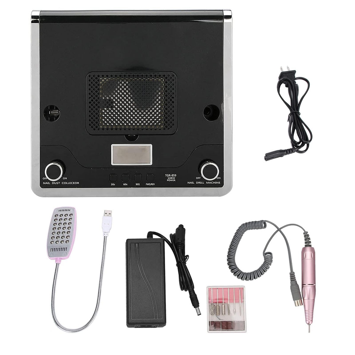 4 EN 1 Taladro de lima de uñas + Colector de polvo de succión de uñas + Lámpara de curado de uñas de gel UV + Lámpara de escritorio LED Secadora de uñas Máquina de pulido de uñas(Black)