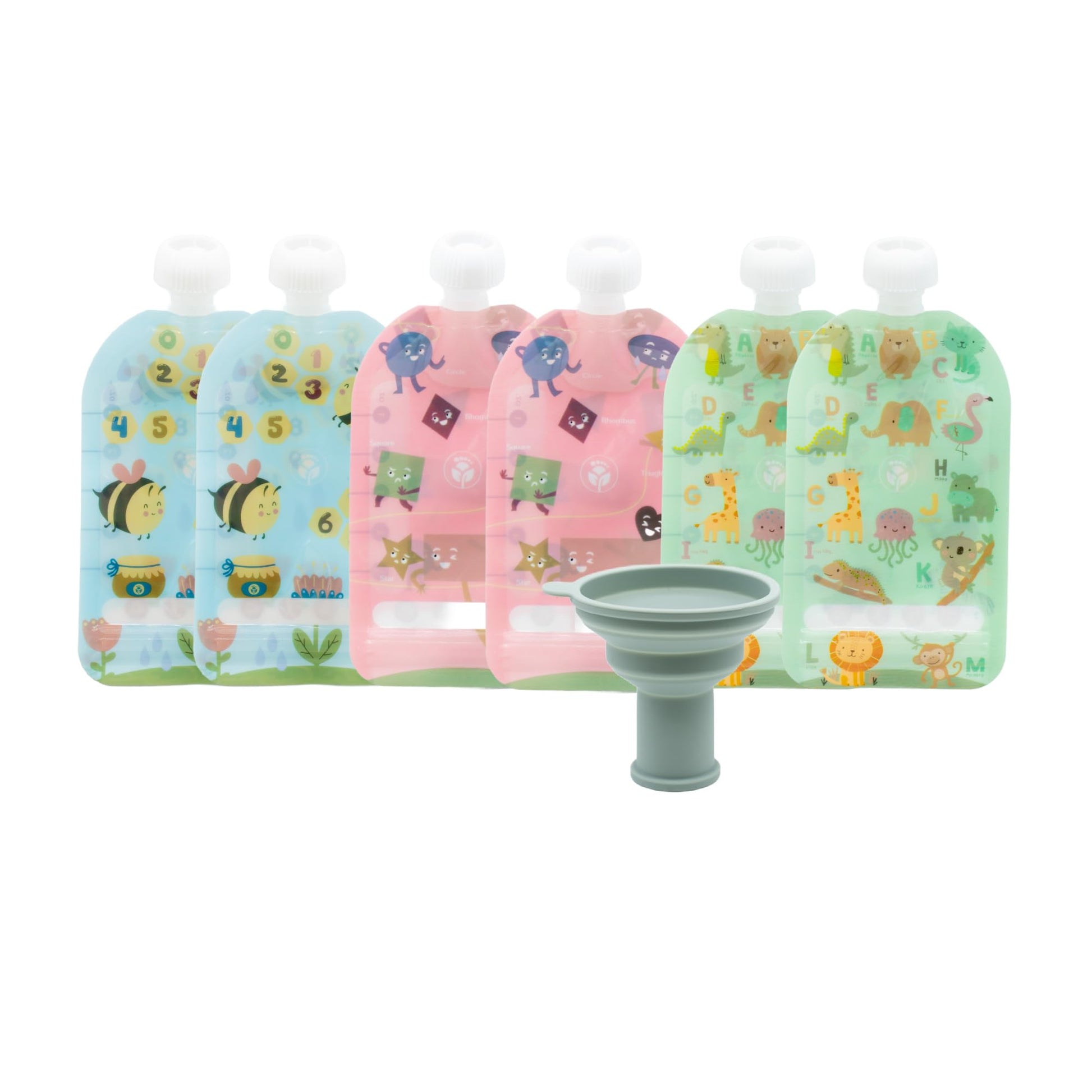WeeSprout Bolsas reutilizables de doble cierre, perfectas para bebés y niños, aptas para congelador y lavaplatos (Educacional, 5 onzas líquidas (paquete de 6) + relleno de bolsa)