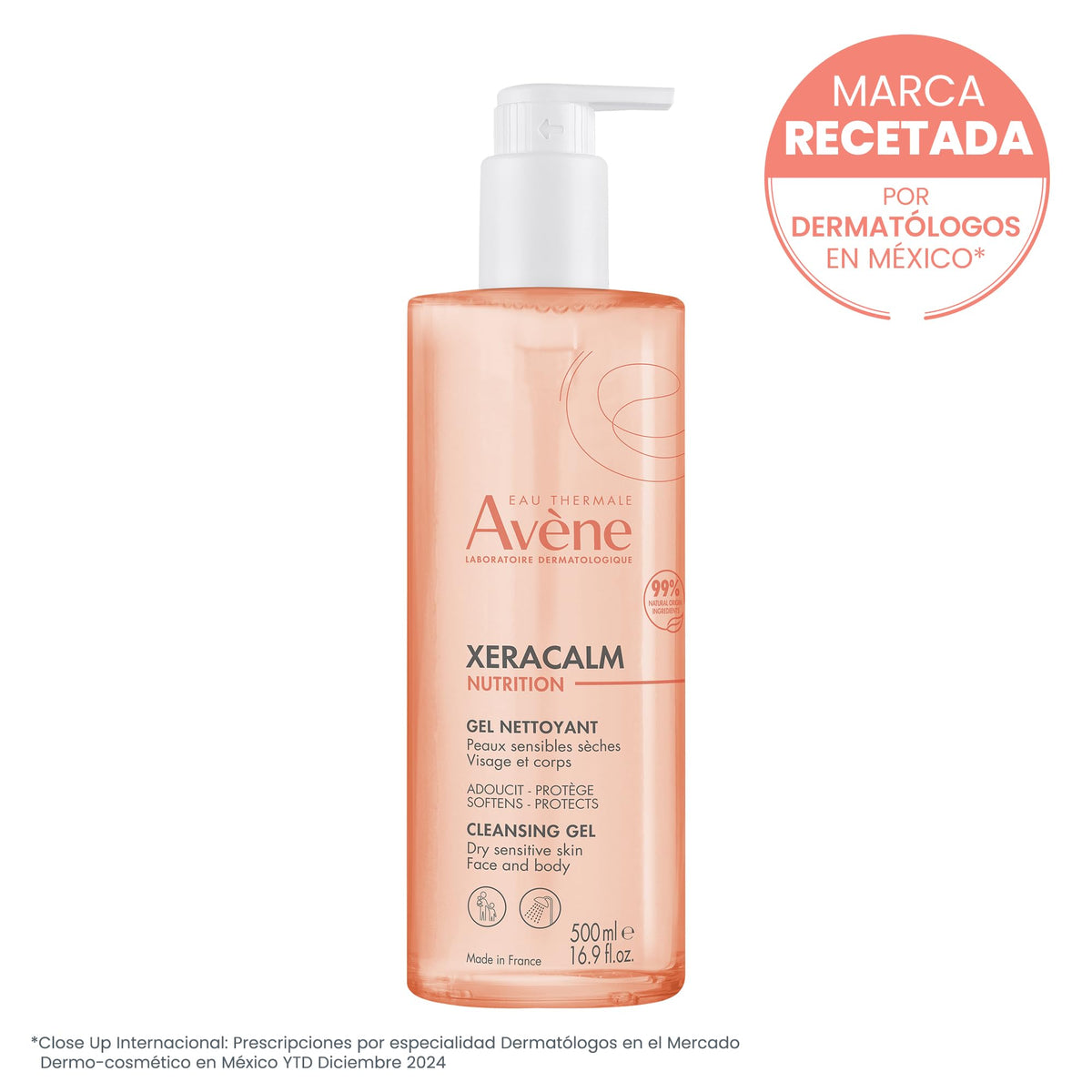 AVENE, Xeracalm Nutrition gel limpiador para rostro y cuerpo, piel seca y sensible, sin jabón ni perfume, 500ml