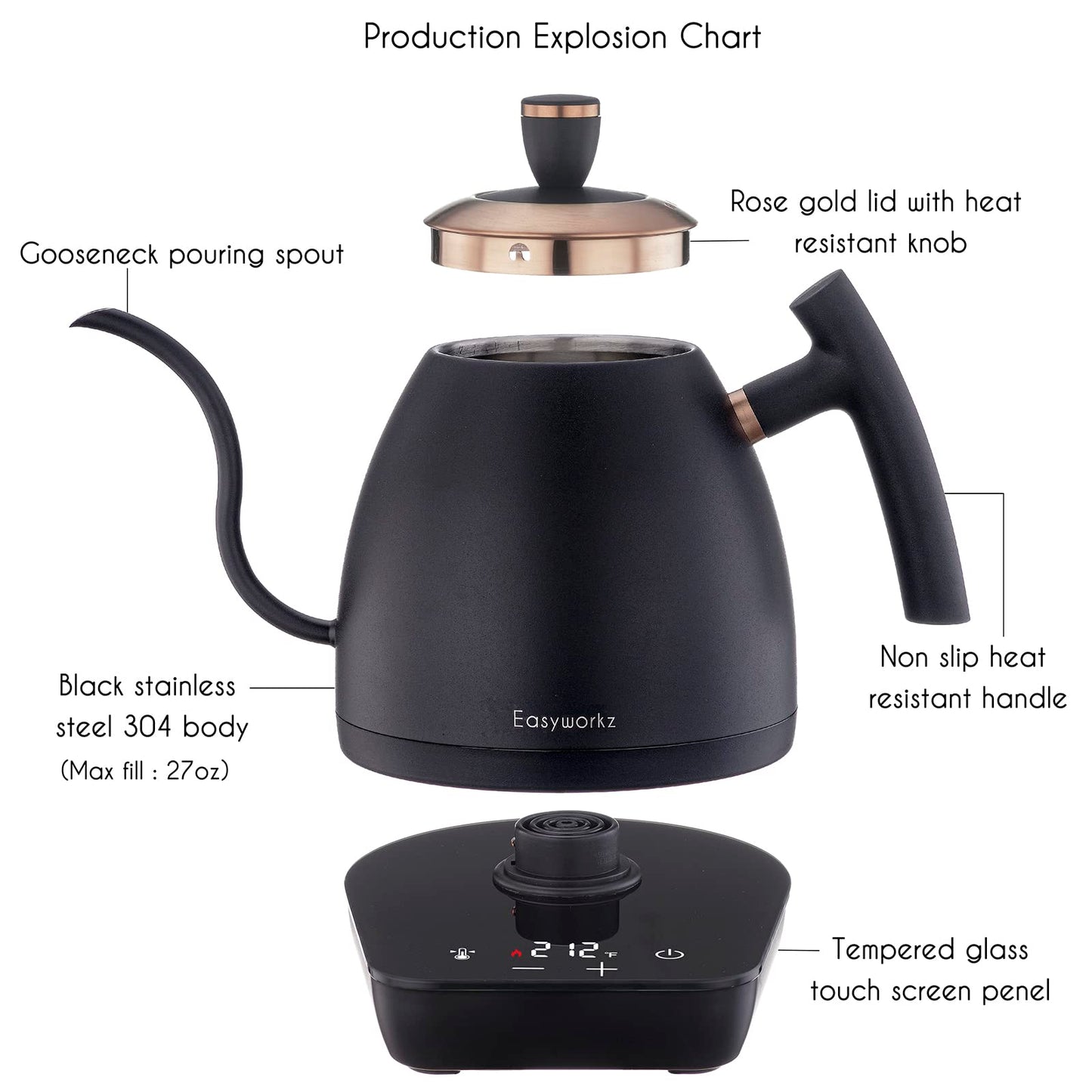 Easyworkz hervidor de café eléctrico de cuello de cisne, tetera de acero inoxidable con goteo manual, control de temperatura de 800 ml, calentamiento rápido de 1200 W