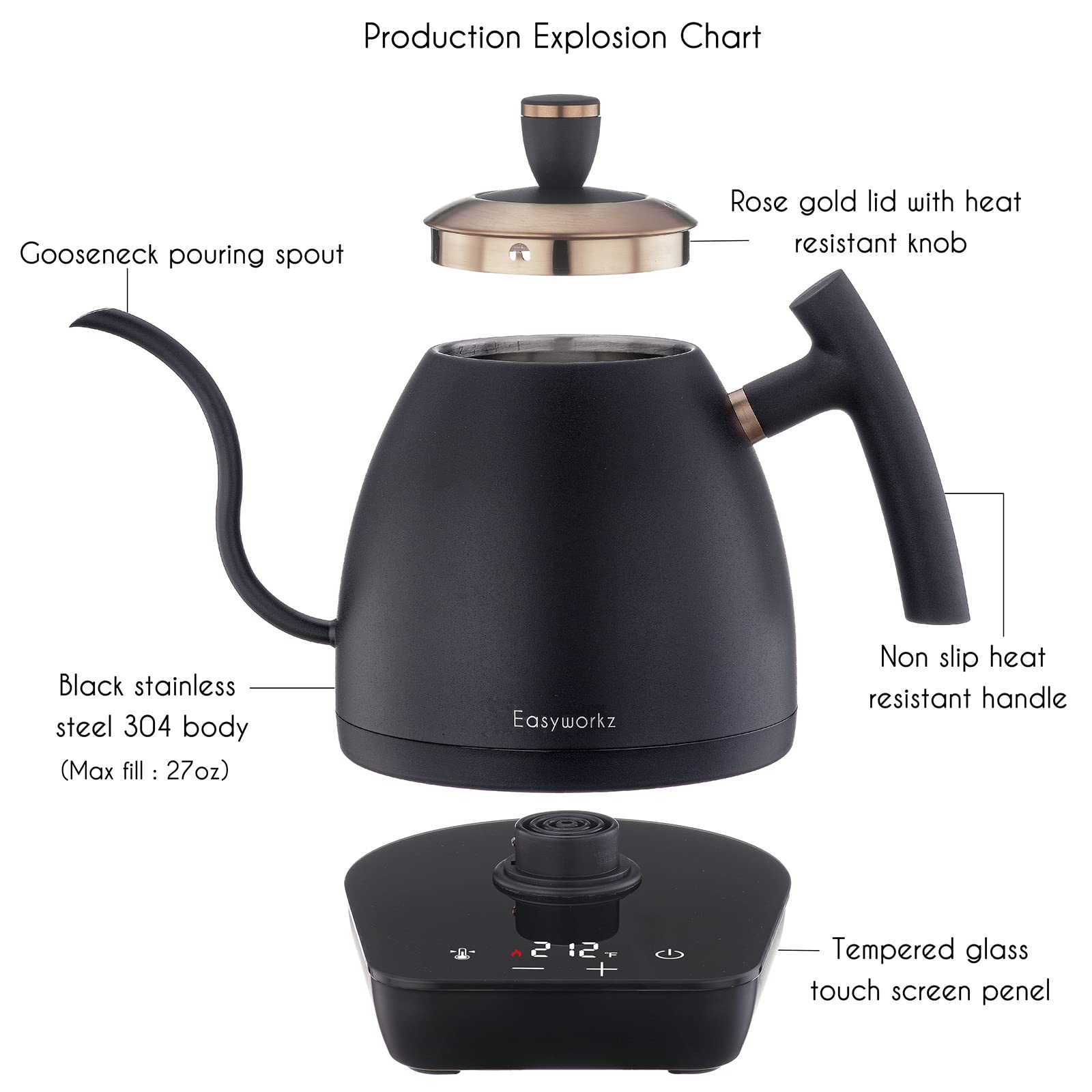 Easyworkz hervidor de café eléctrico de cuello de cisne, tetera de acero inoxidable con goteo manual, control de temperatura de 800 ml, calentamiento rápido de 1200 W