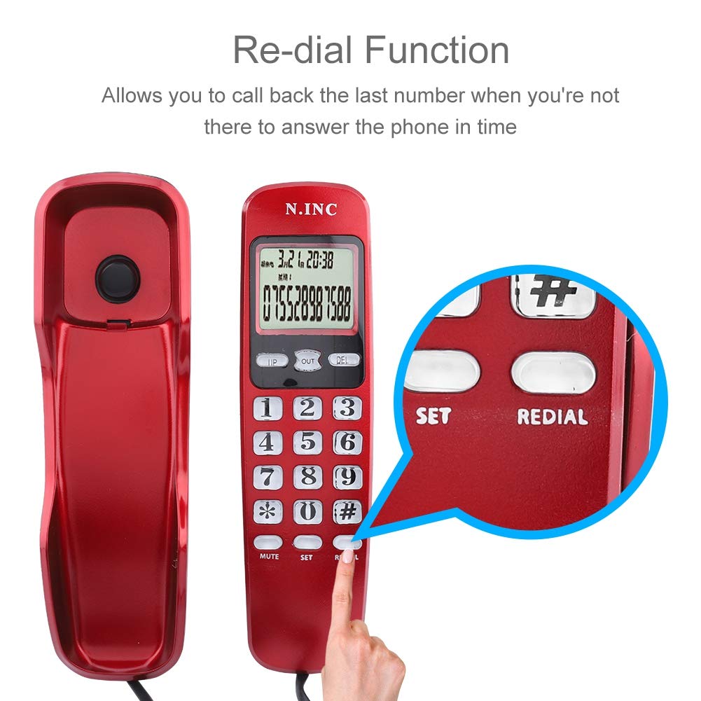ASHATA Teléfono Fijo con Pantalla LCD, Teléfono con Cable Multifuncional Capacidad de 38 Contactos,Memoria Entrante,Comprobación de Recuerdos,Devolución de Llamada(DTMF/FSK)(Rojo)
