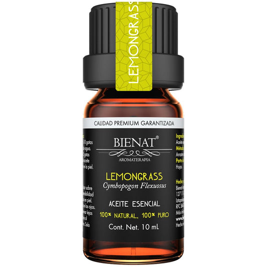 BIENAT AROMATERAPIA Aceite Esencial de Lemongrass 10mL | 100% Puro y Concentrado | Ideal para Difusor de Aromas, Humidificador, Aromaterapia, Masajes, Meditación, Jabones y Velas | Esencia Natural en Gotas
