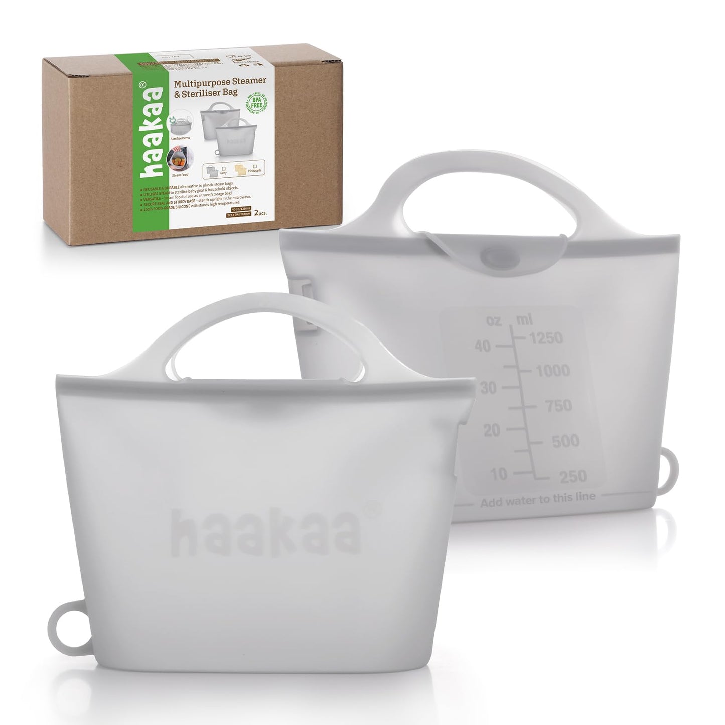 Haakaa On-The-Go Bolsas esterilizadoras de vapor de silicona para viajes, bolsas de silicona reutilizables de 40 oz/1250 ml para biberones, extractor de leche, accesorios, chupetes, mordedores, gris/2